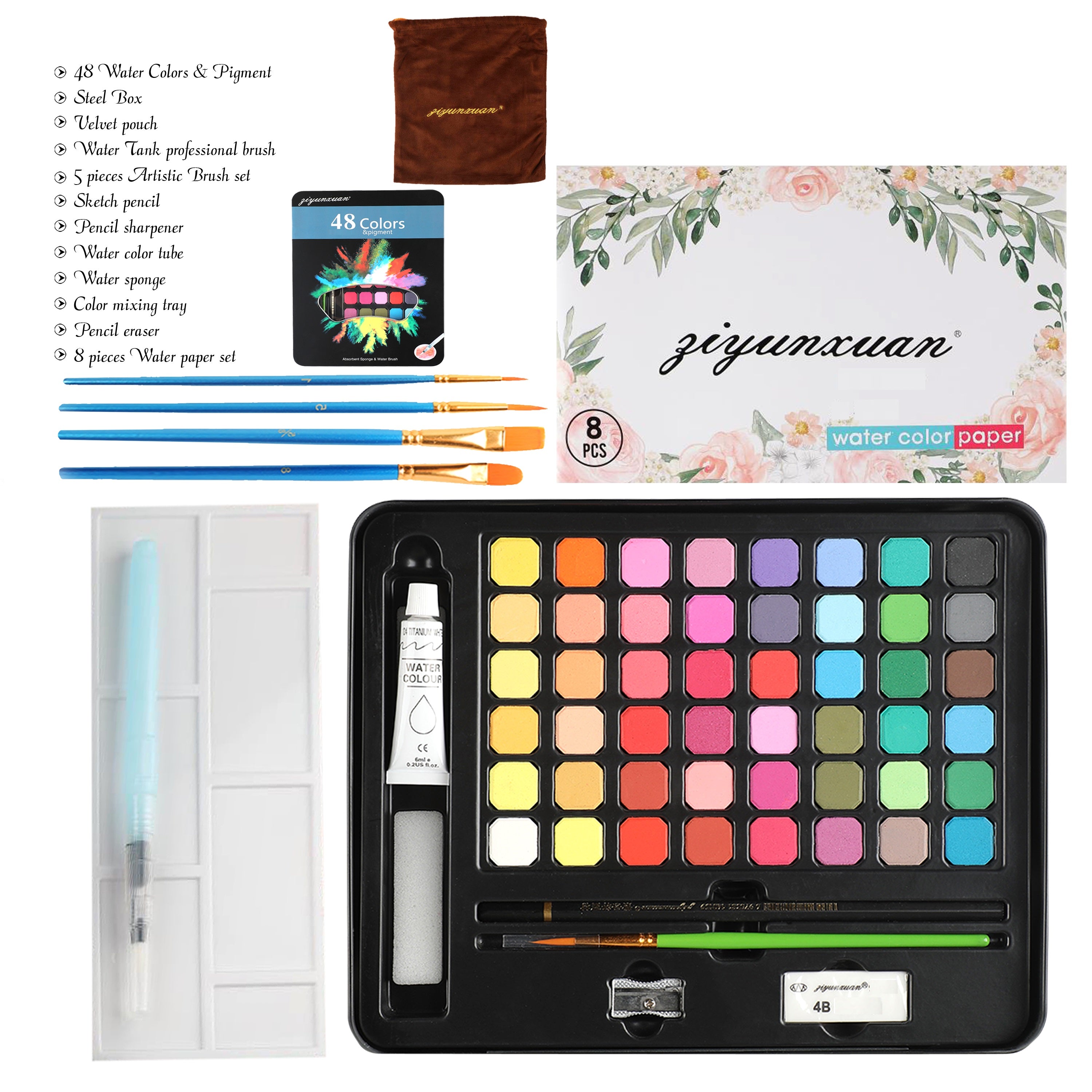 Ziyunxuan 48 Watercolor Painting Set with 5 Paint Brushes, a Water Tank Brush, with a Mixing Tray, and a Gift Box Drawing Kit for Artists & Beginners