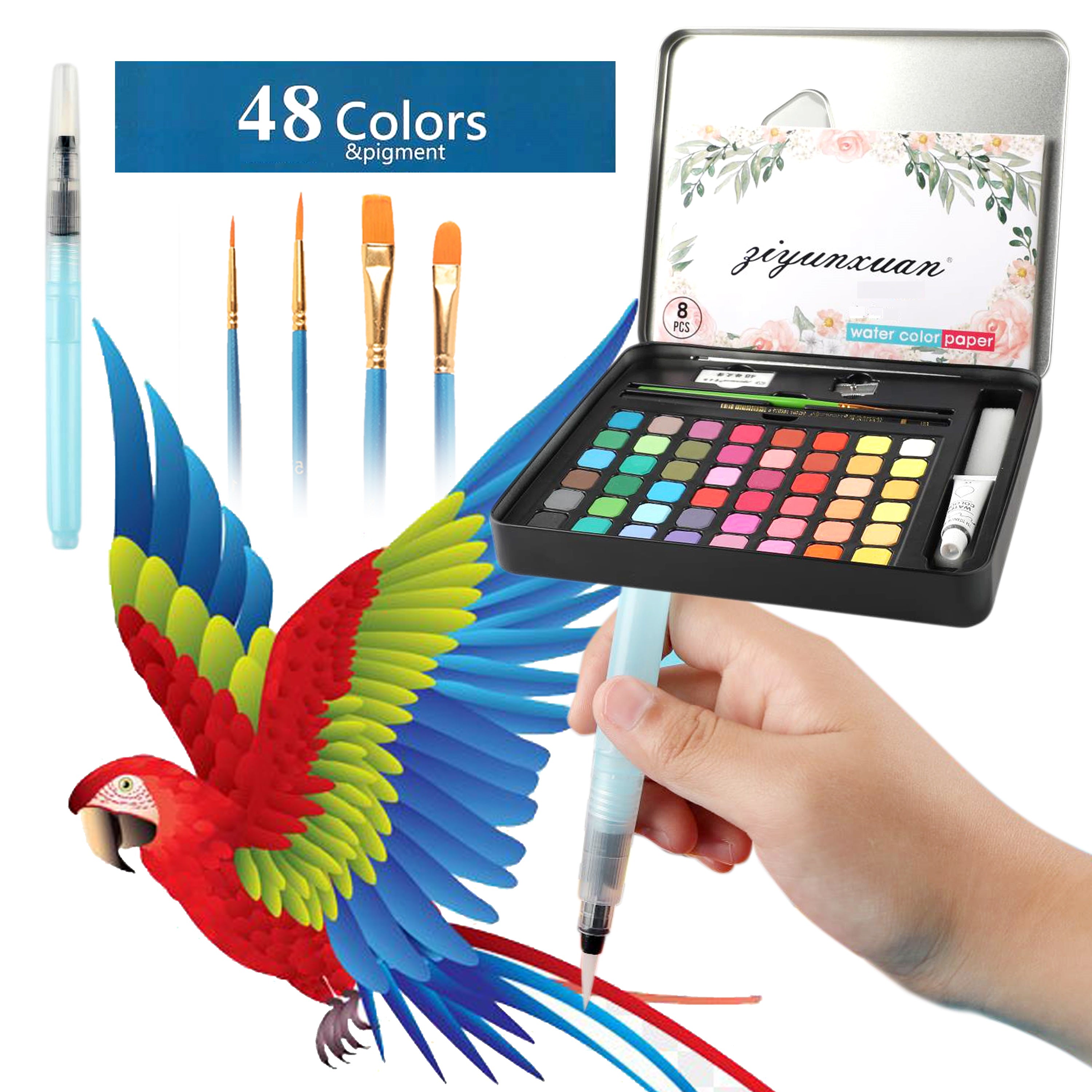 Ziyunxuan 48 Watercolor Painting Set with 5 Paint Brushes, a Water Tank Brush, with a Mixing Tray, and a Gift Box Drawing Kit for Artists & Beginners