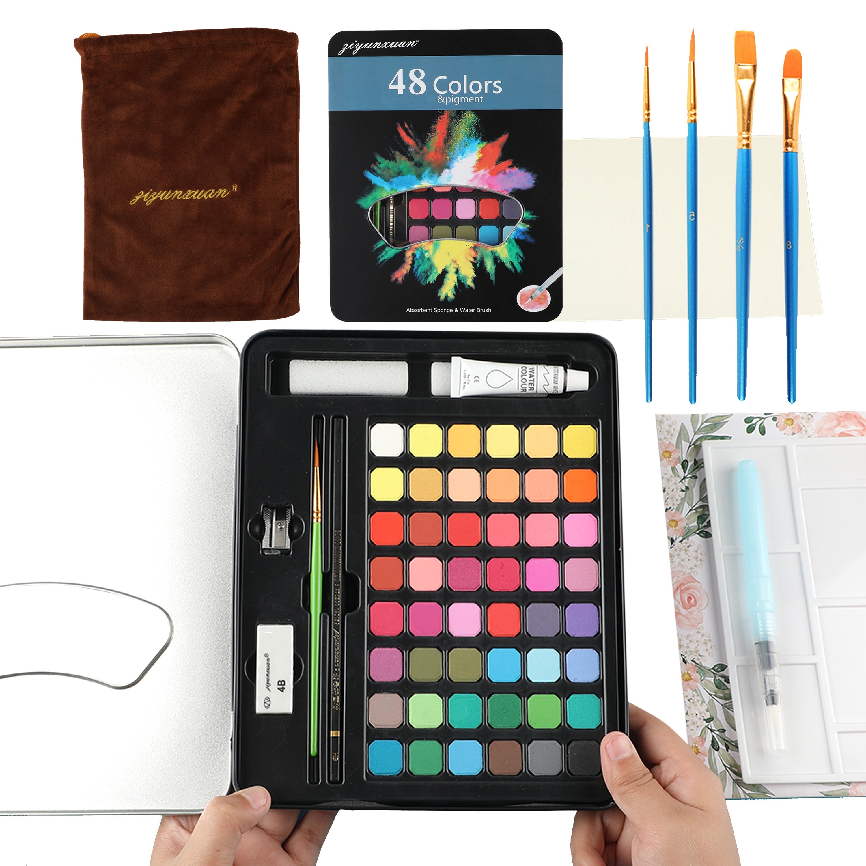 Ziyunxuan 48 Watercolor Painting Set with 5 Paint Brushes, a Water Tank Brush, with a Mixing Tray, and a Gift Box Drawing Kit for Artists & Beginners