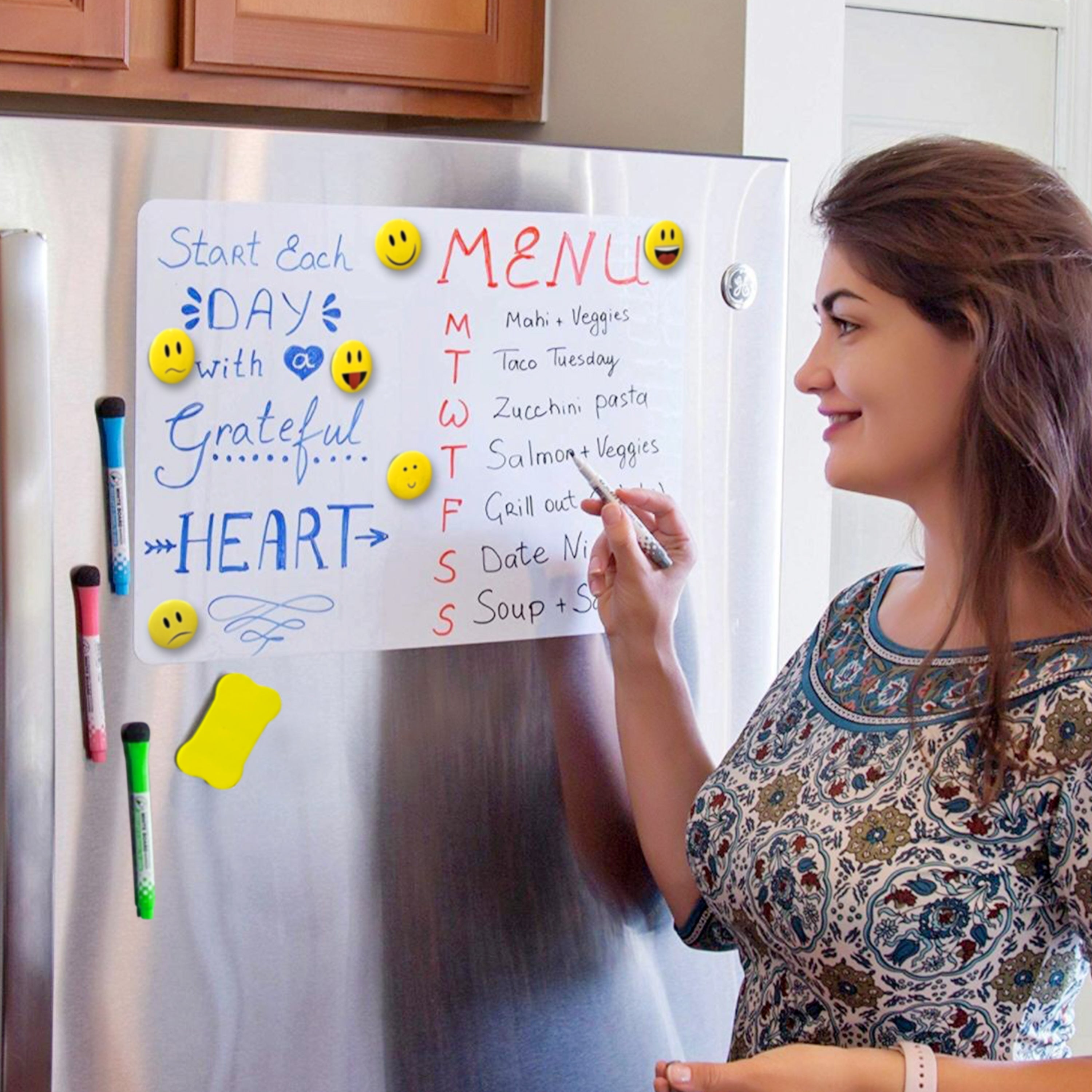 Robust Dry Erase Magnetic Whiteboard 17x12 Inches Sheet with Markers, Magnetic Eraser, and Emojis