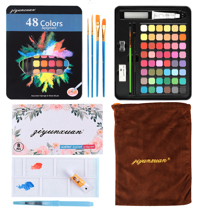 Ziyunxuan 48 Watercolor Painting Set with 5 Paint Brushes, a Water Tank Brush, with a Mixing Tray, and a Gift Box Drawing Kit for Artists & Beginners